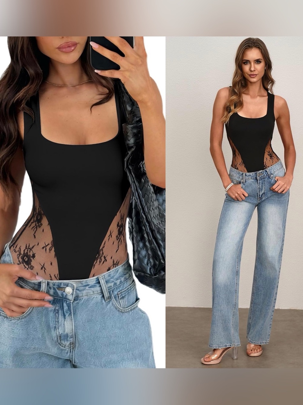 Black Lace-Insert Square Neck Bodysuit Small
